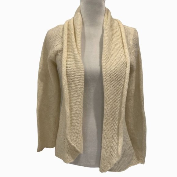 Wooden Ship Mohair Wool Knit Open Cardigan Beige S/M Gold Metallic Womens